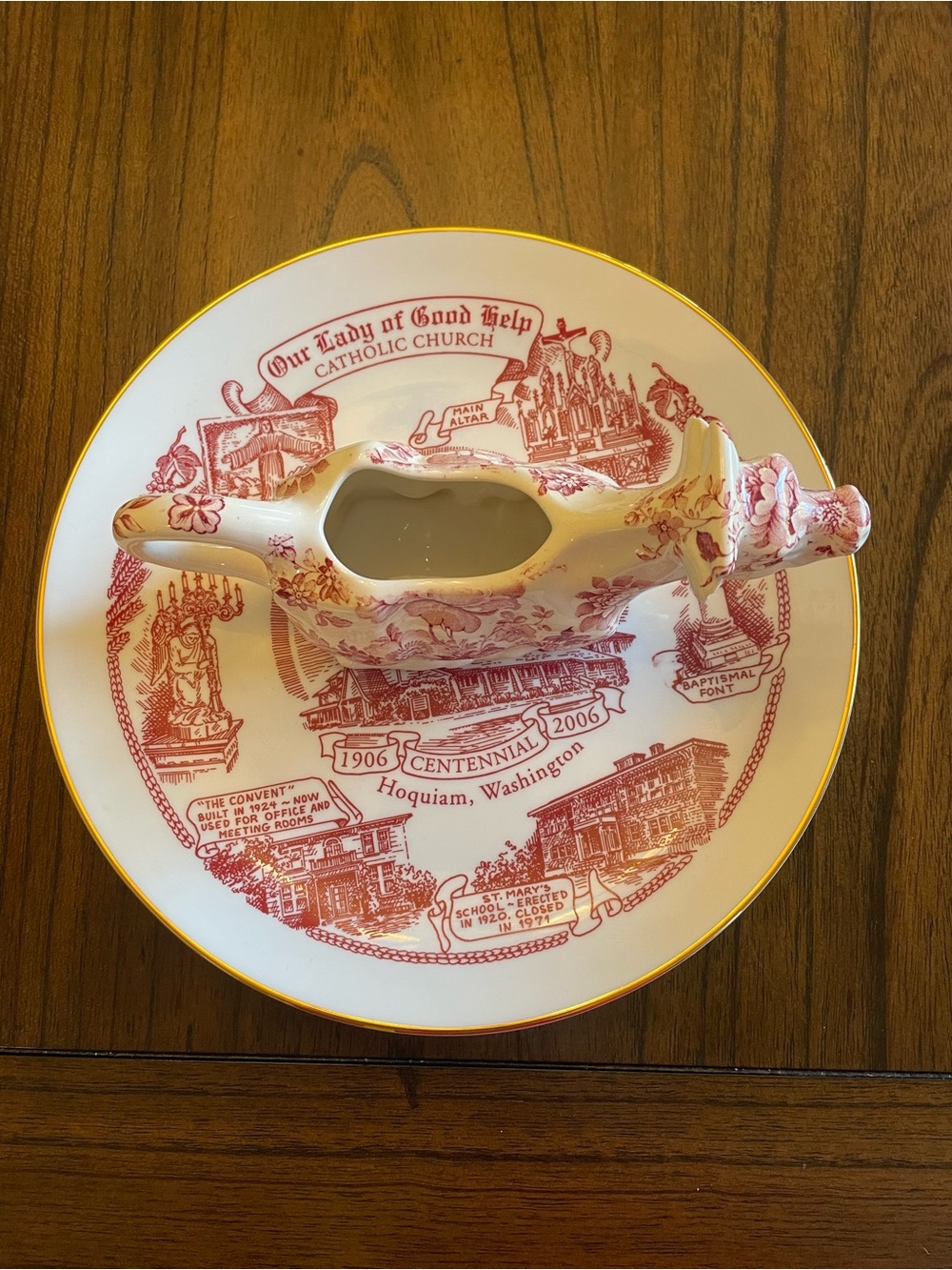 Vintage Our Lady of Good Help Hoquiam, WA Centennial Plate + Gravy Boat